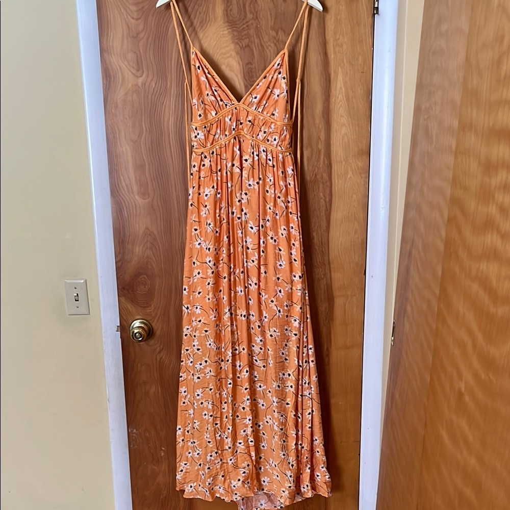 Orange Maxi Sundress with Spaghetti Straps and V-Neckline